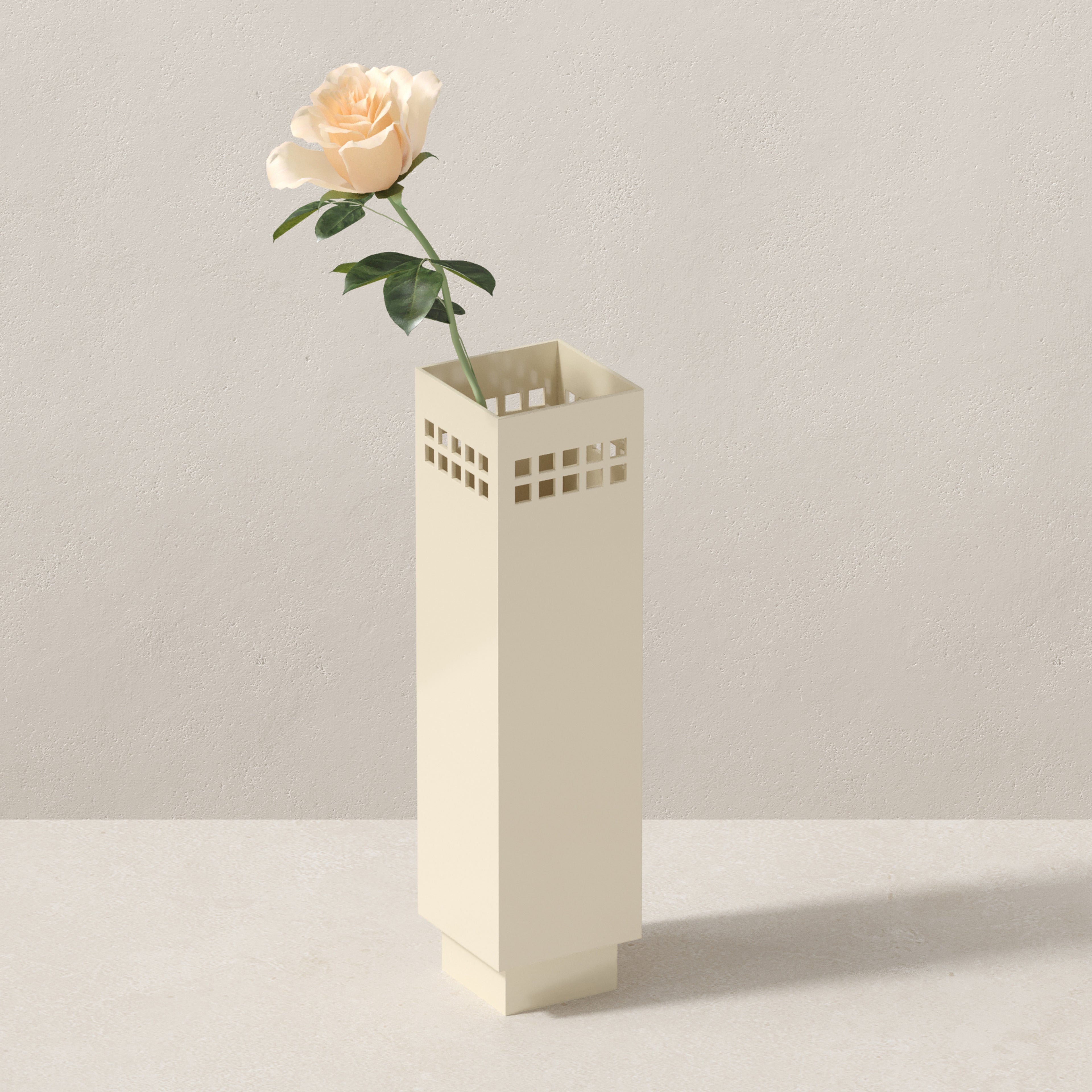 Art Deco butter cream metal vase with perforated cut-outs,, handmade modern decorative vase