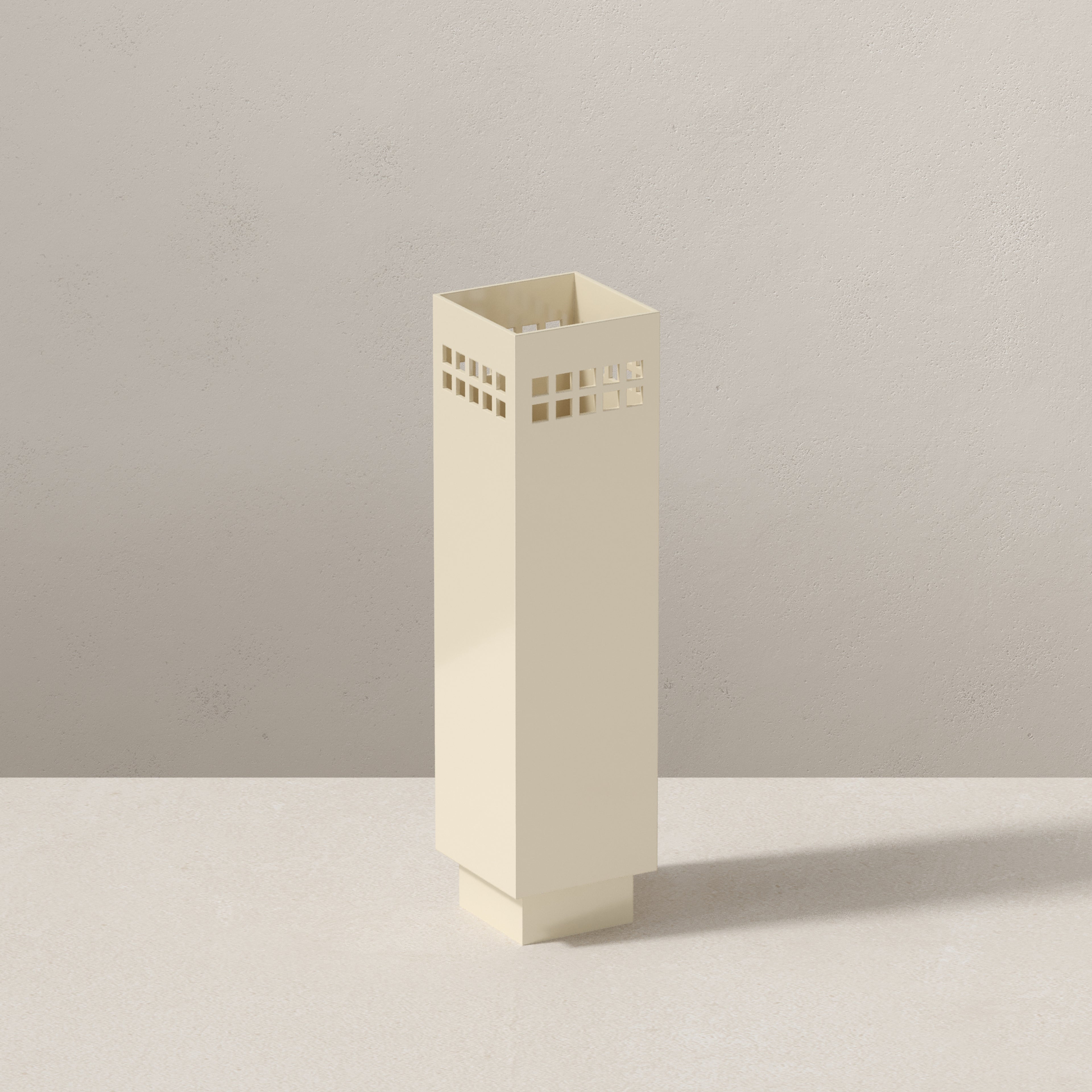 Art Deco butter cream metal vase with perforated cut-outs, handmade modern decorative vase