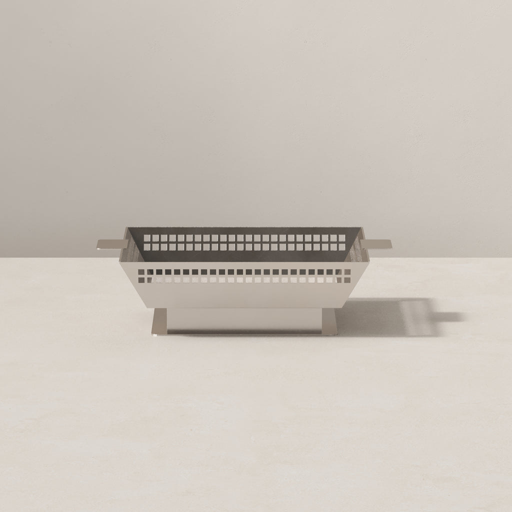 Side view of Vera Jean Art Deco metal fruit vessel with rectangular silhouette