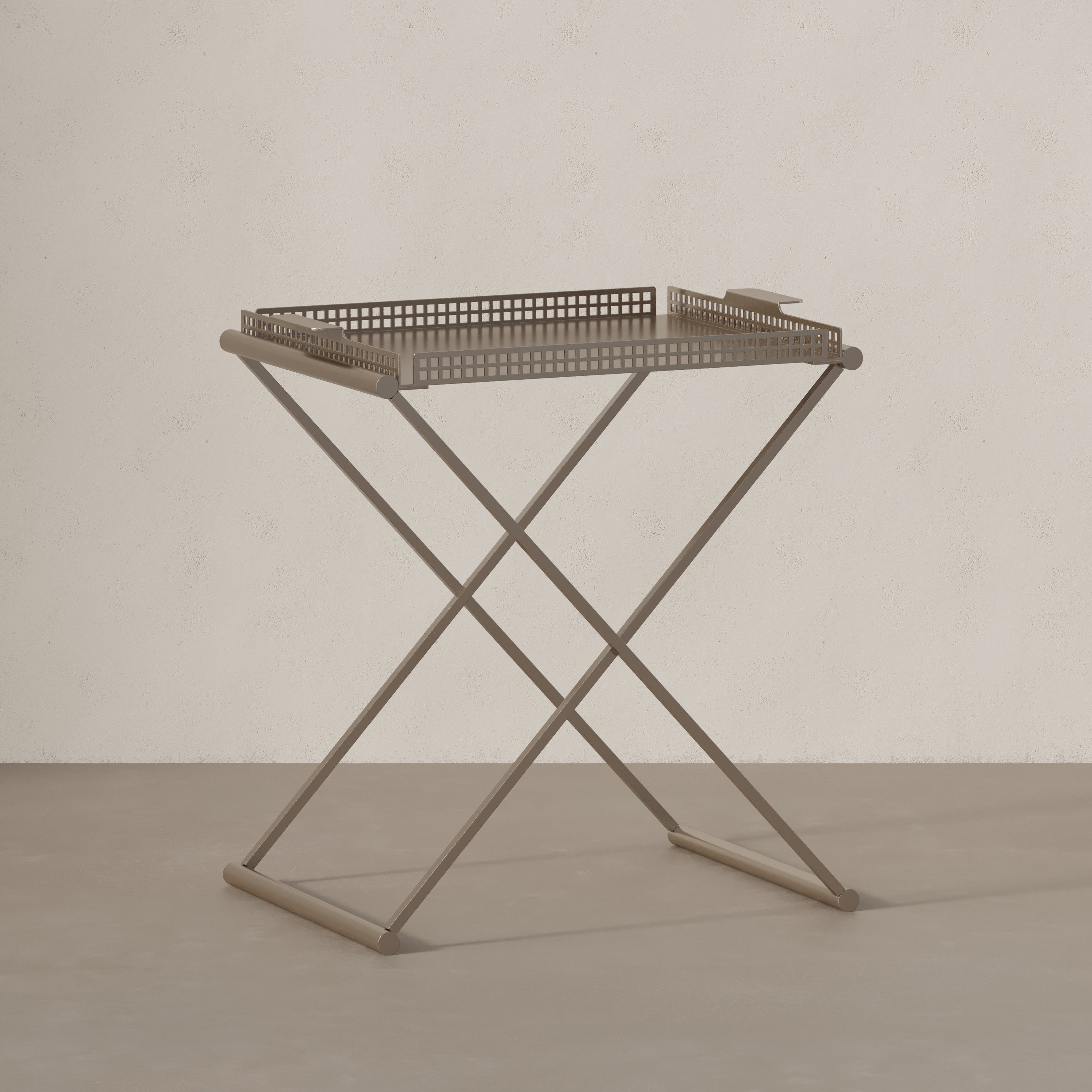 Angled view of Art Deco steel side table with removable tray by Vera Jean