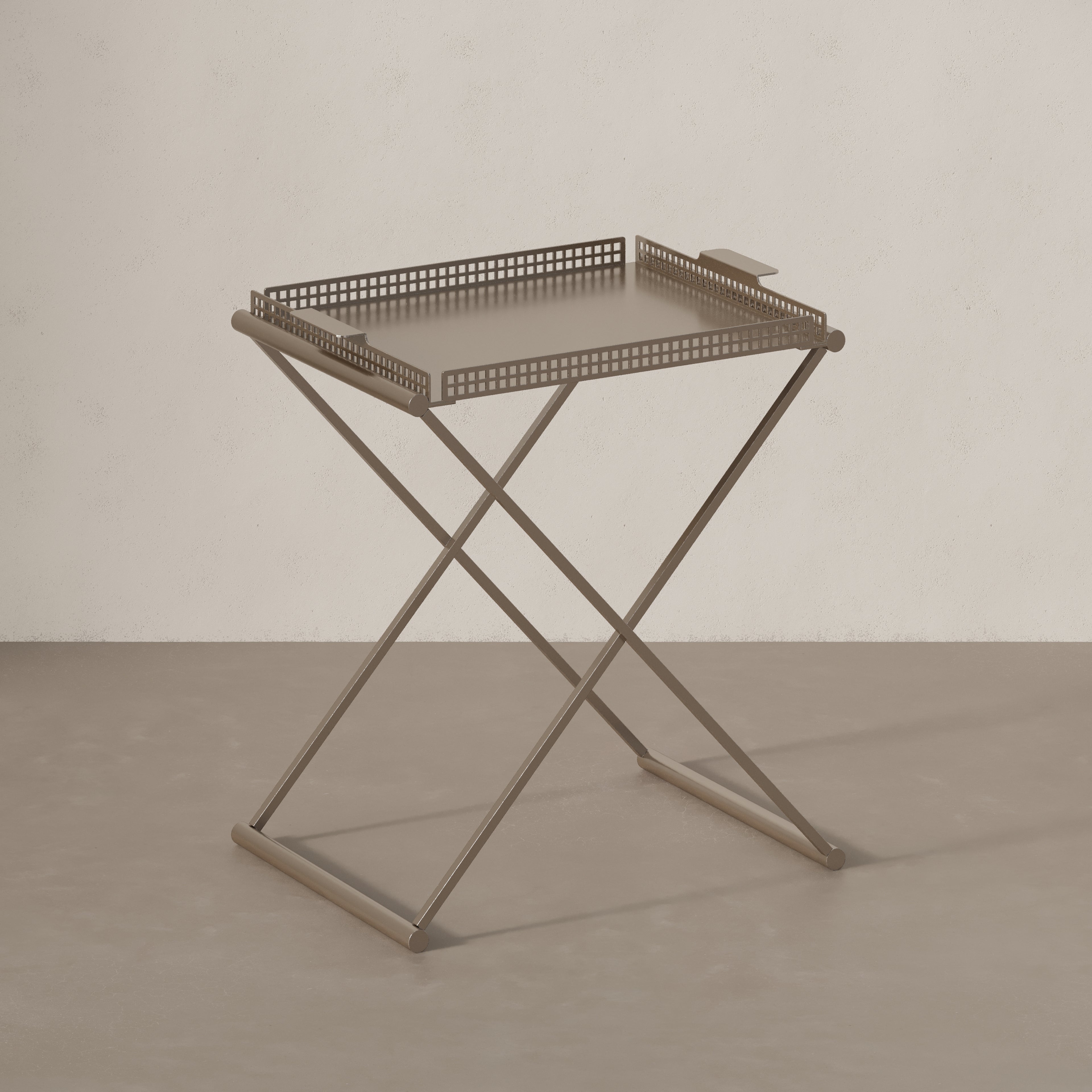 top view of Art Deco steel side table with removable tray by Vera Jean