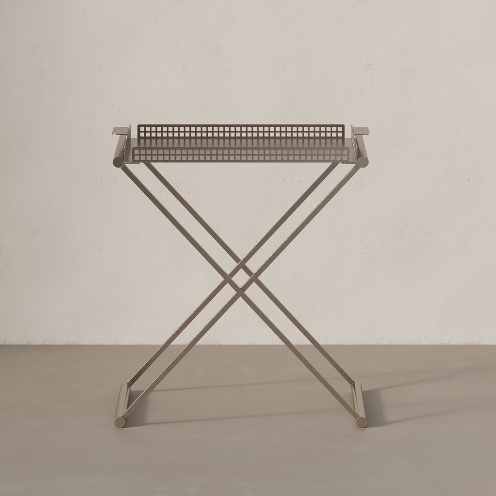 Detail of folded steel base on Art Deco side table by Vera Jean