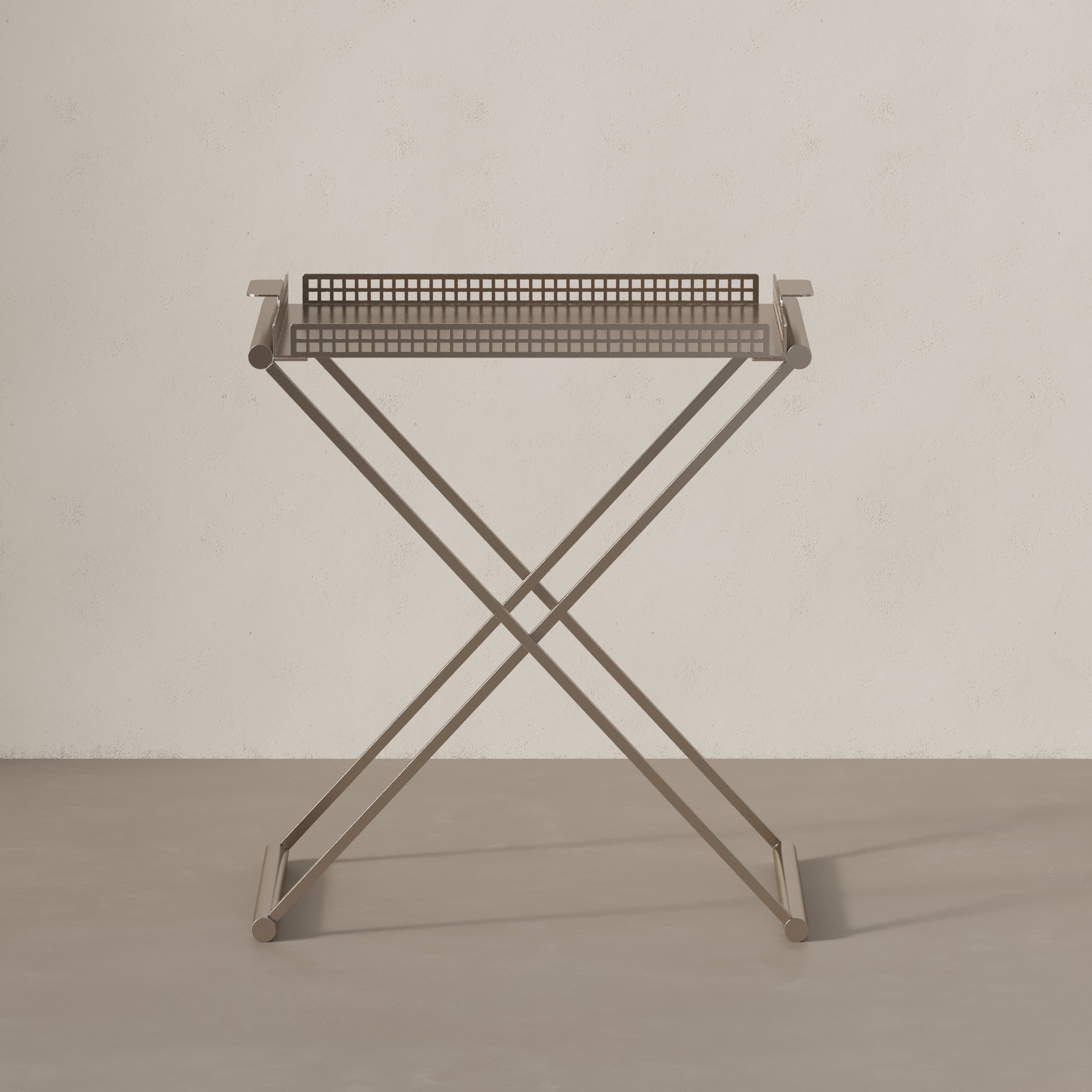 Detail of folded steel base on Art Deco side table by Vera Jean