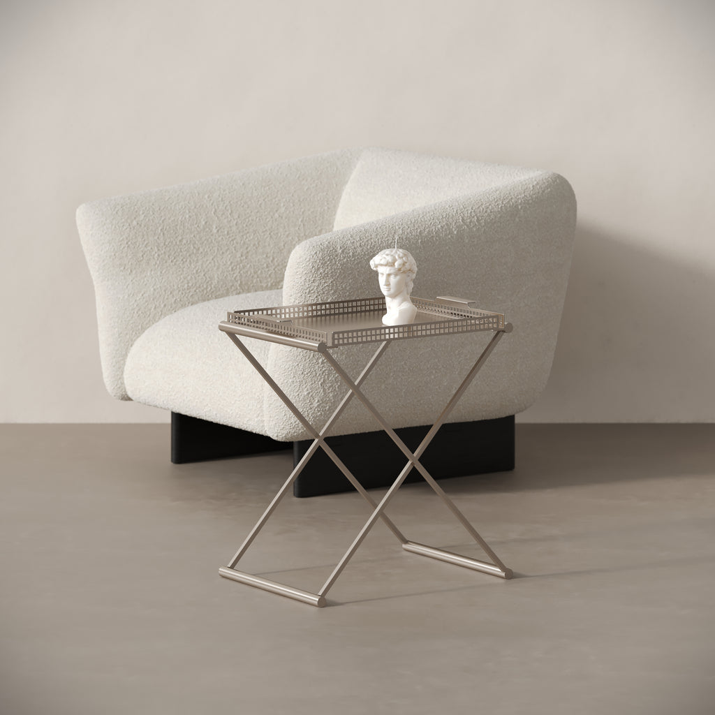 Art Deco steel side table with removable tray, styled in a minimalist interior by Vera Jean