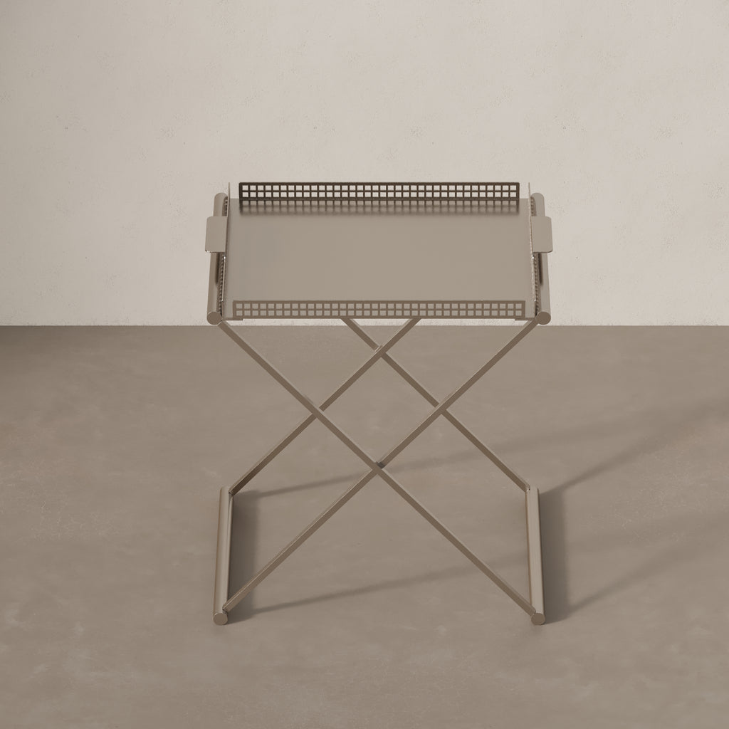 Top view of removable steel tray on Art Deco side table by Vera Jean