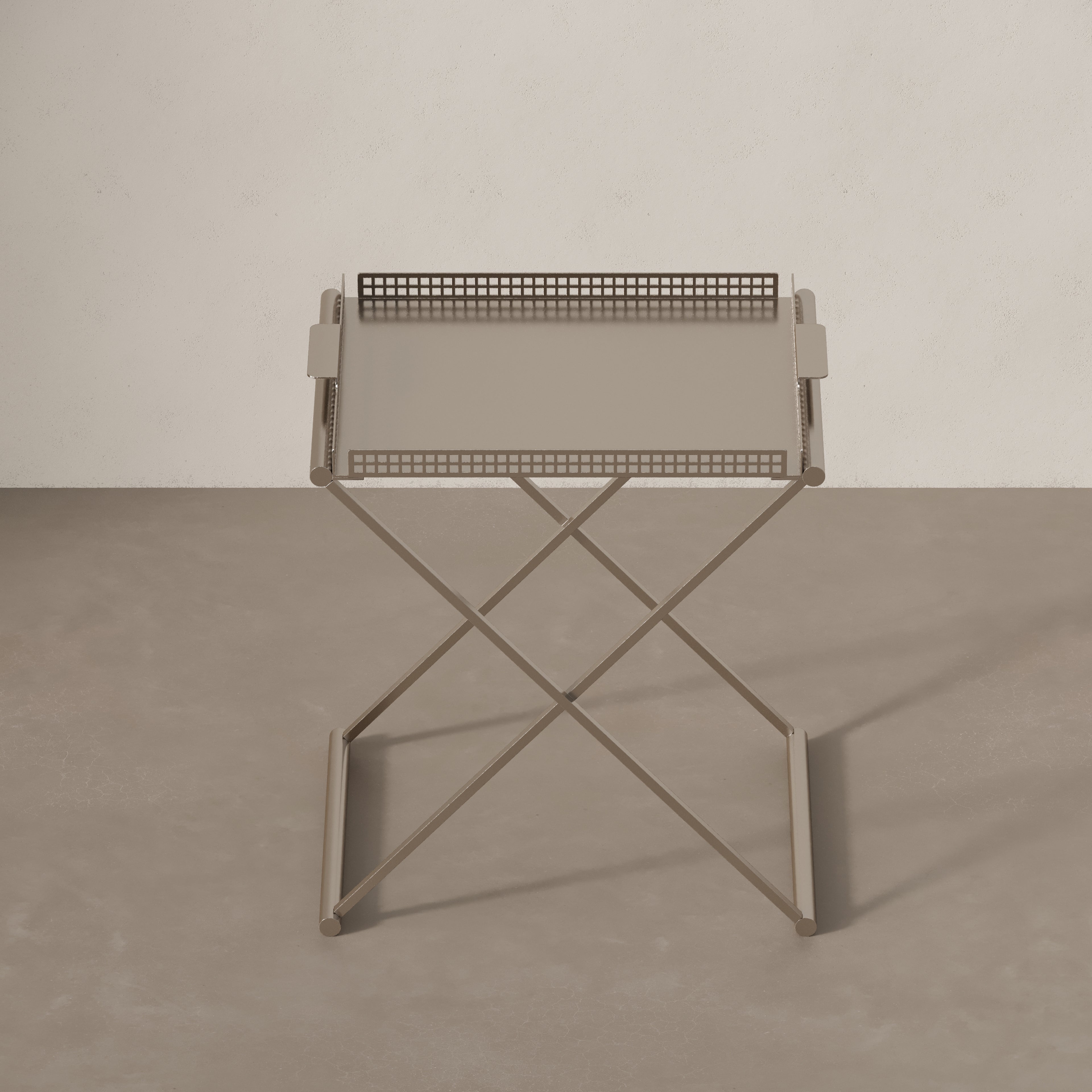 Top view of removable steel tray on Art Deco side table by Vera Jean
