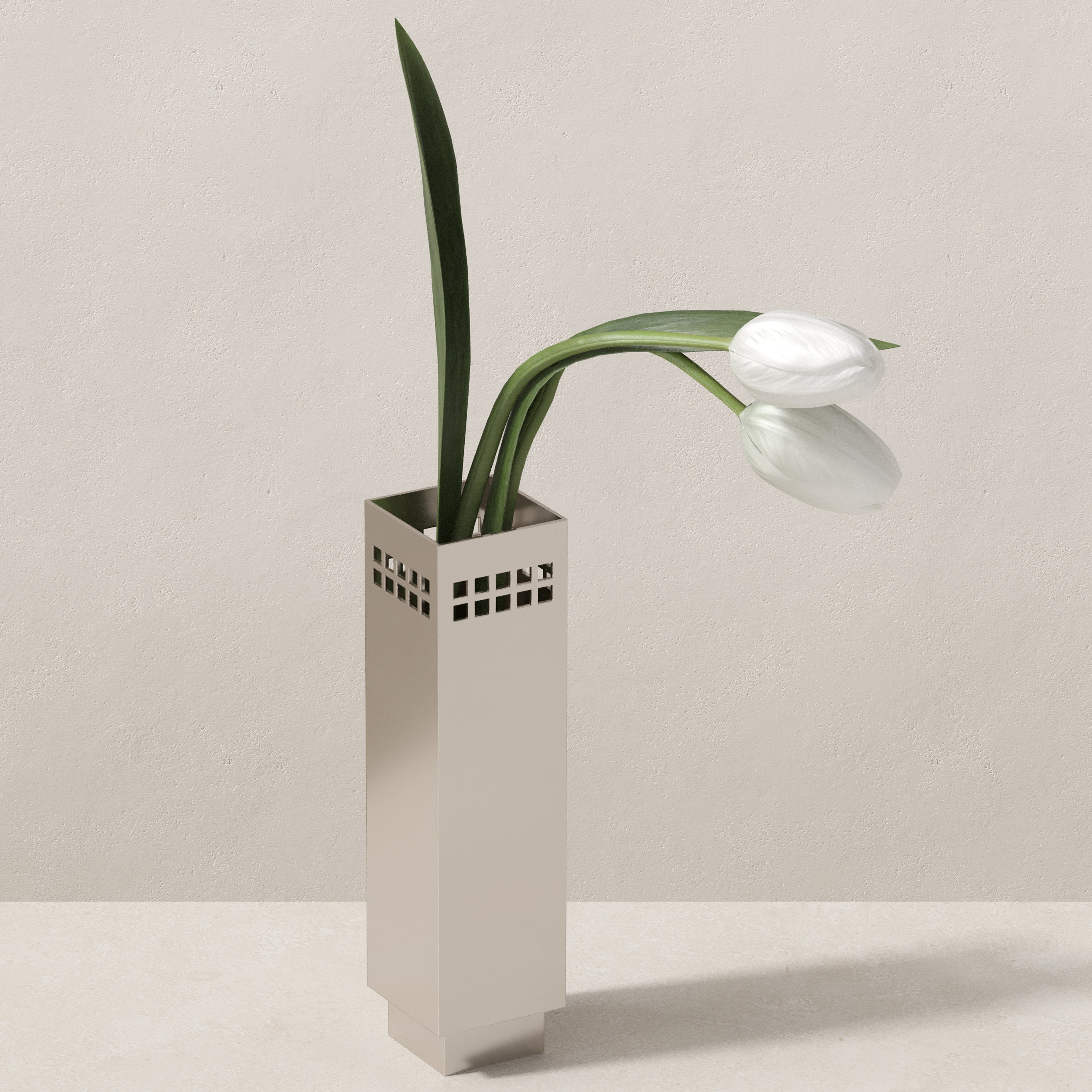 Art Deco nickel metal vase with perforated cut-outs, modern sculptural flower vase