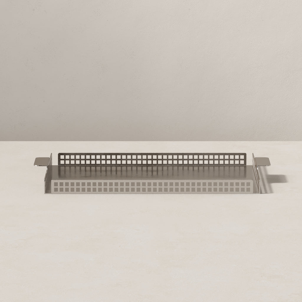 Side view of Art Deco serving tray in nickel, showing slim profile and grid steel detailing