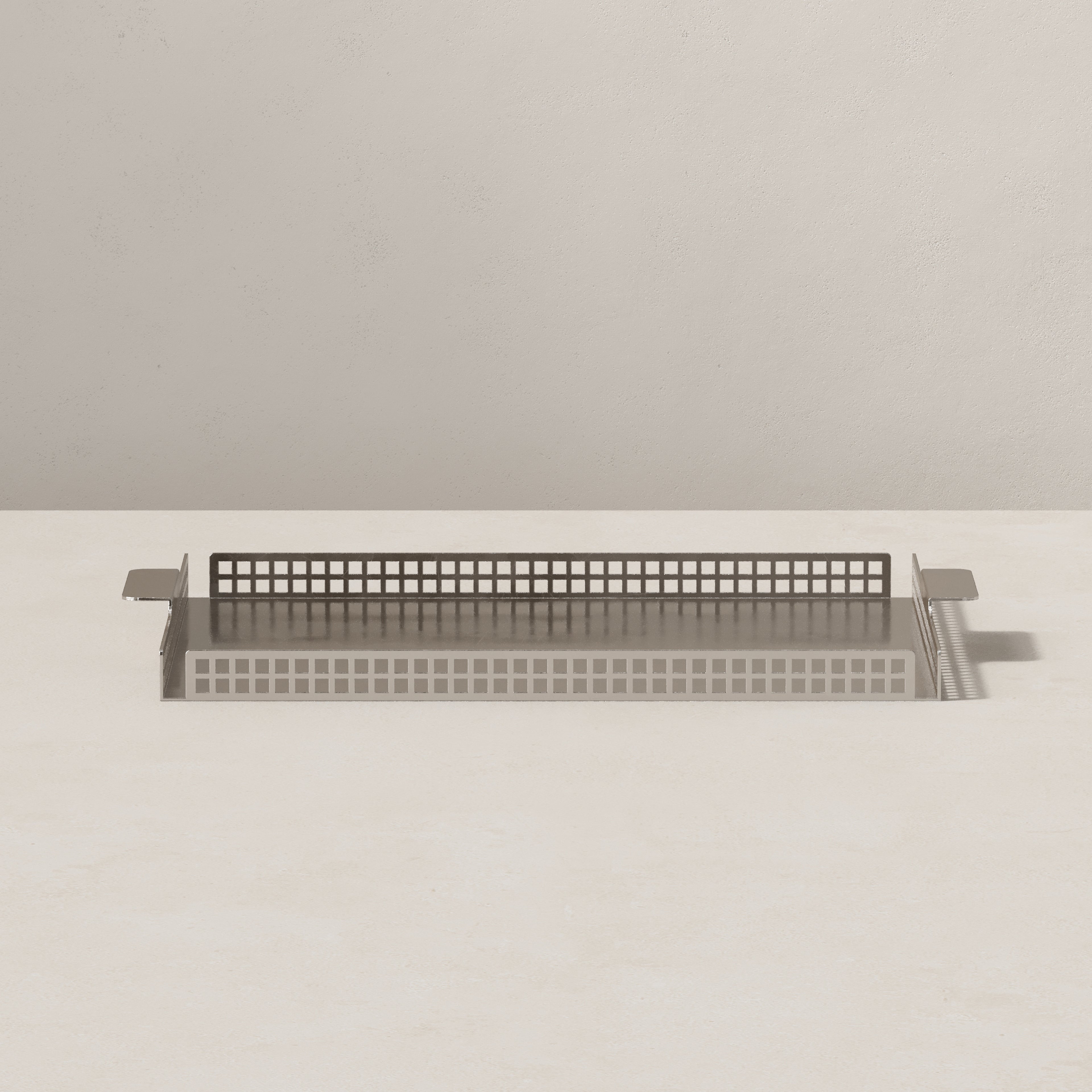 Side view of Art Deco serving tray in nickel, showing slim profile and grid steel detailing