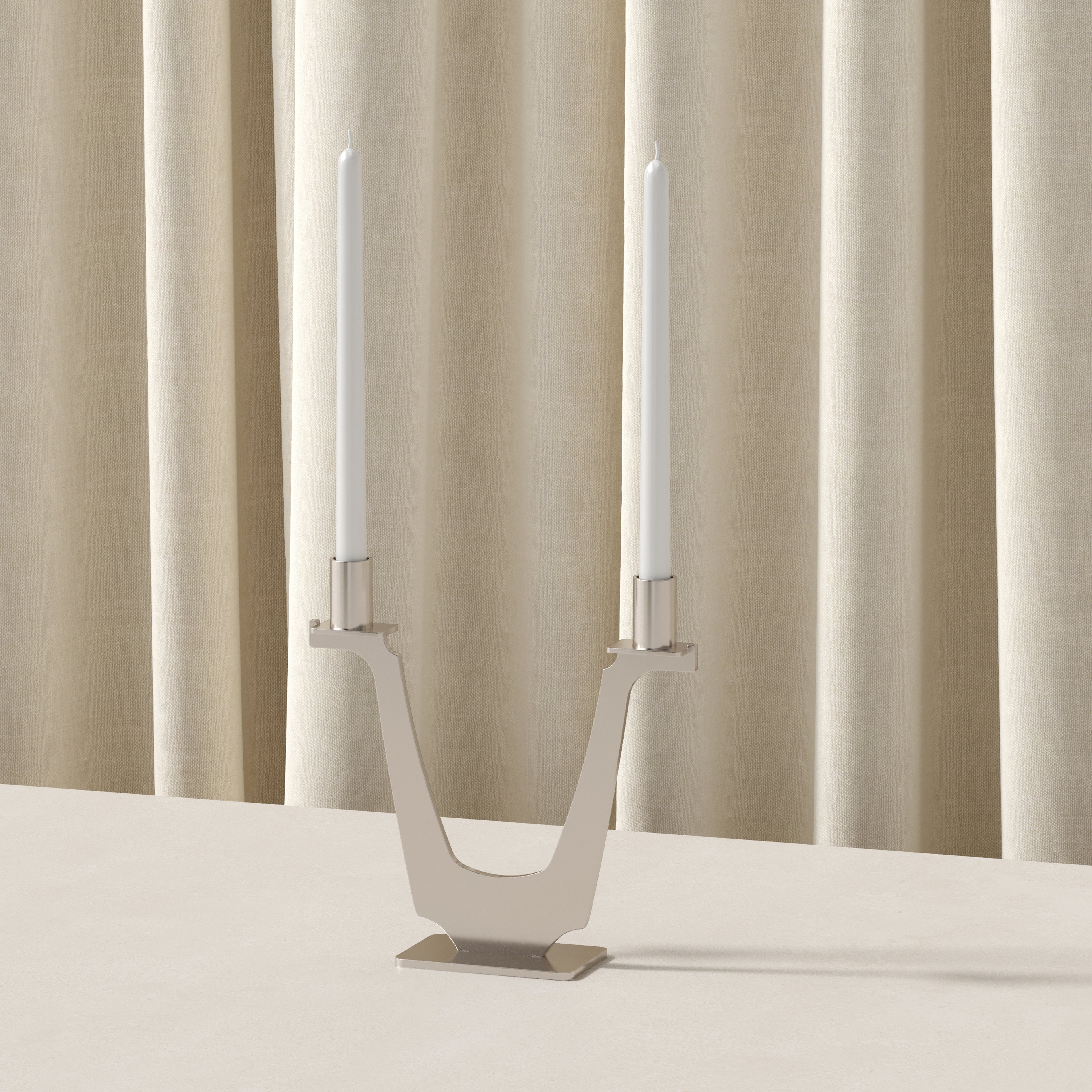 Art Deco steel double candle holder with two taper candles, modern sculptural candelabra